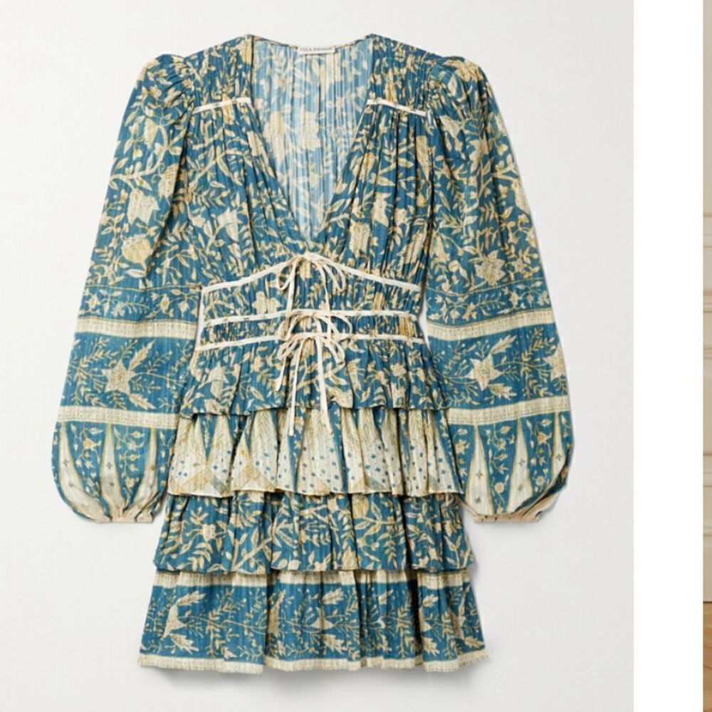 NWT Ulla Johnson Nina Tiered Printed Cotton-blend Voile Mini Dress blue cream